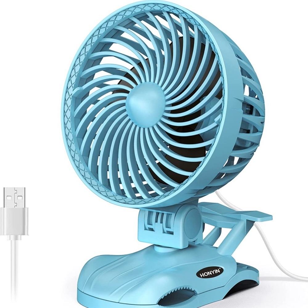 Fan Sky Blue clip-on USB portable personal fan. New. 2 left. 5 stars on Amazon.